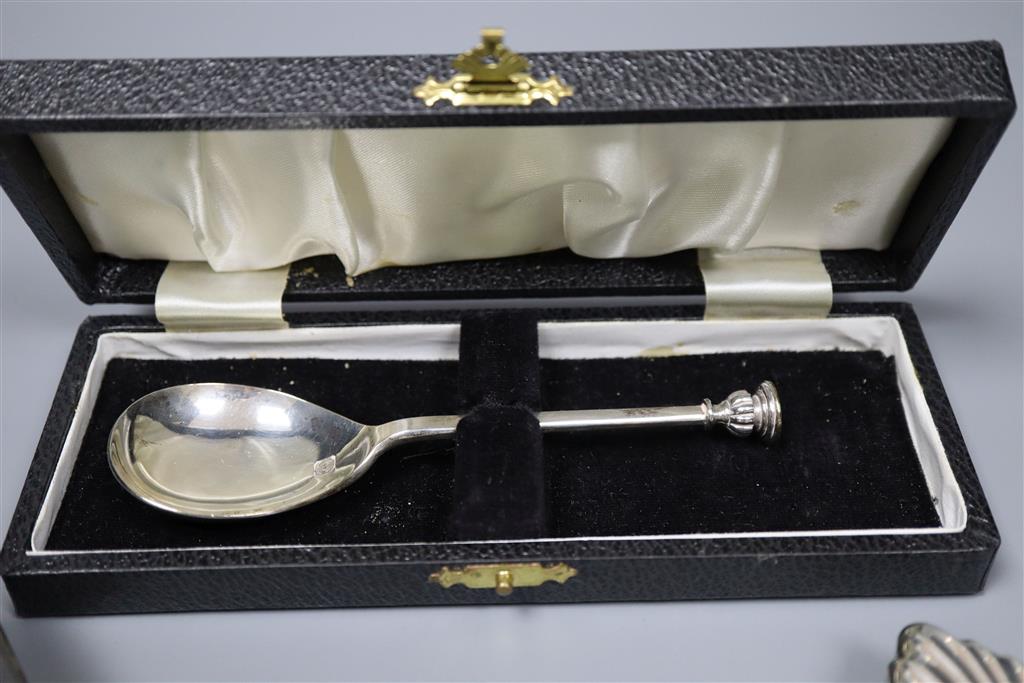 A cased modern silver seal top spoon, 12.6cm and two mounted blotters, one silver.
